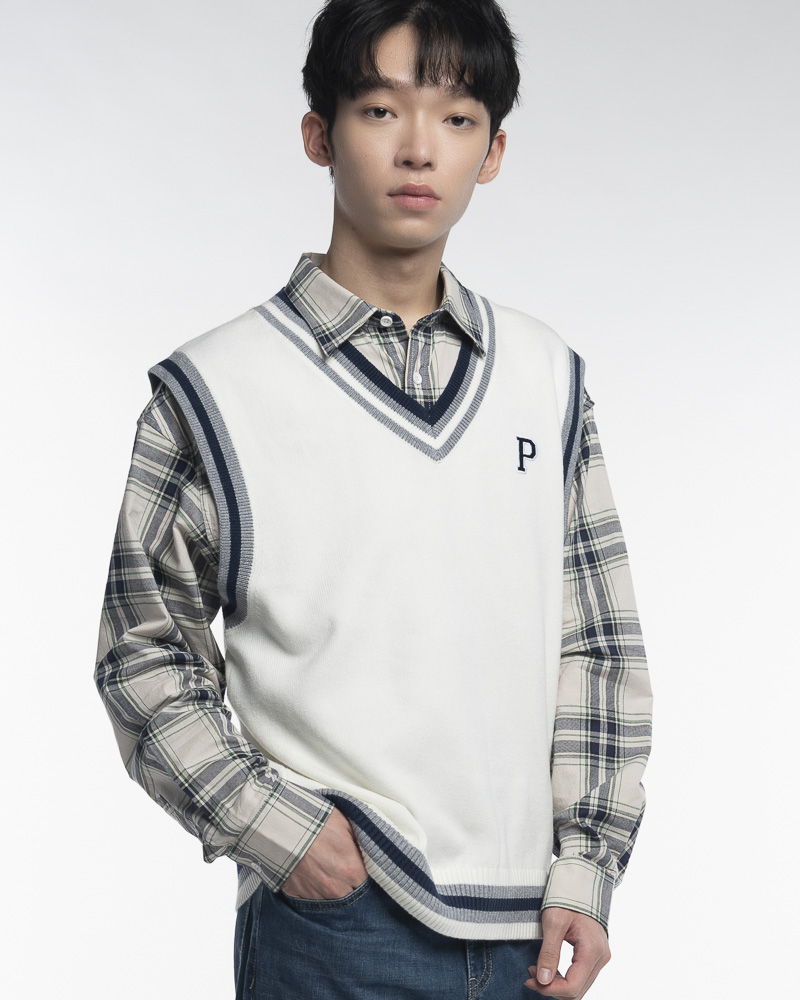 Yishion Men Knitted V Neck Varsity Vest With Asymmetrical Contrast Coloured Neckline and P Embroidery (White)