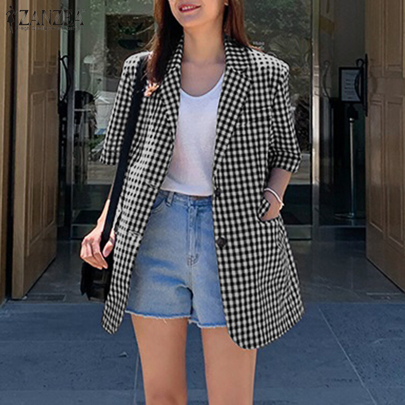 ZANZEA Women Summer Casual Cape Cloak Coat Plaid Check Jackets Tops Plus Blazers Suits