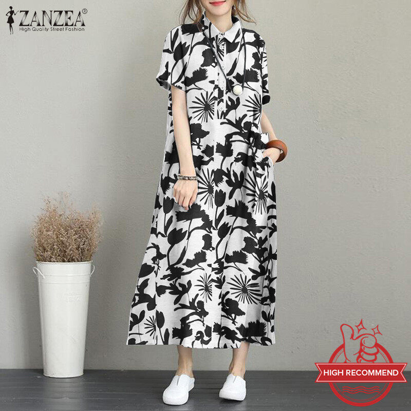 ZANZEA Women Summer Short Sleeve Baggy Long Dress Floral Printed Maxi Shirt Dresses